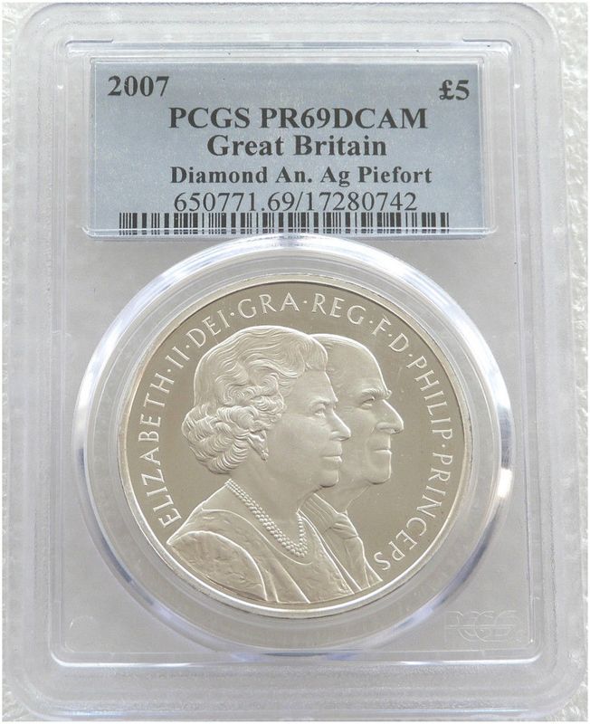 2007 Diamond Wedding Piedfort £5 Silver Proof Coin PCGS PR69 DCAM 2007 Diamond Wedding Piedfort £5 Silver Proof Coin PCGS PR69 DCAM