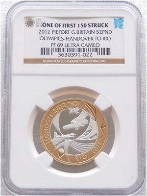 2012 London Olympic Games Handover To Rio Piedfort £2 Silver Proof Coin NGC PF69 UC
