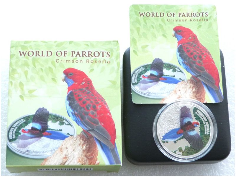 2014 Cook Islands World of Parrots 3-D Crimson Rosella $5 Silver Proof Coin Box Coa