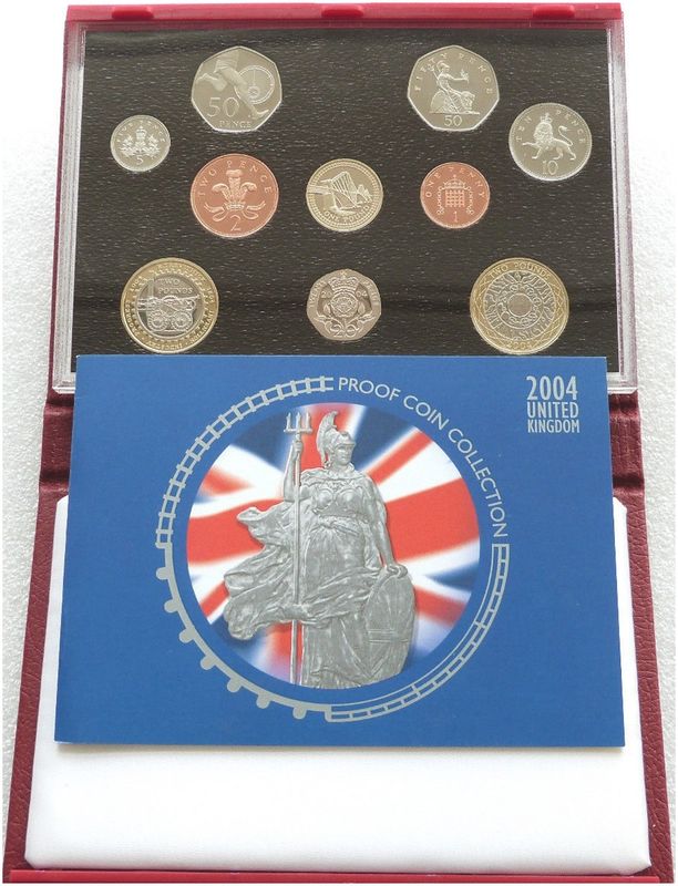 2004 Royal Mint Deluxe Proof 10 Coin Set Red Leather Case Coa