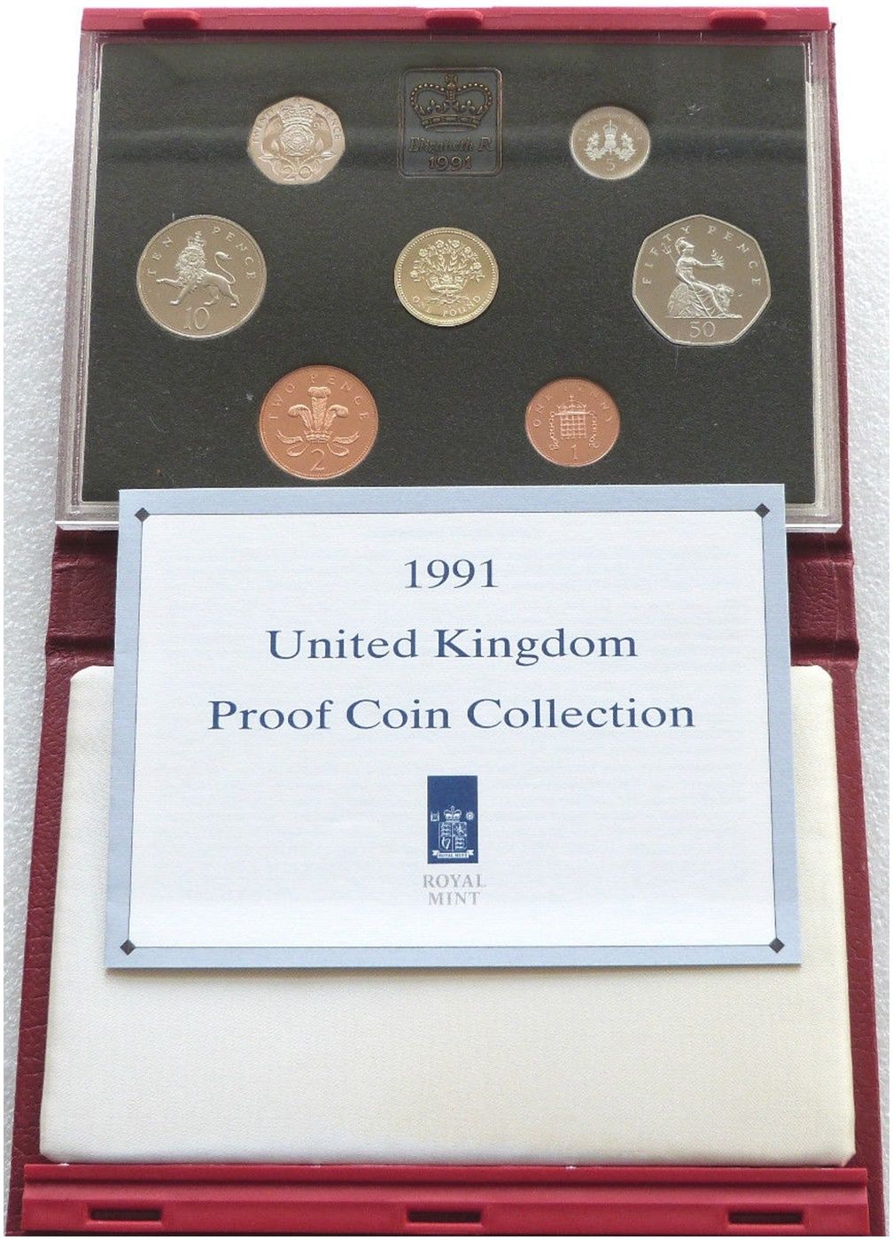 1991 Royal Mint Deluxe Proof 7 Coin Set Red Leather Case Coa