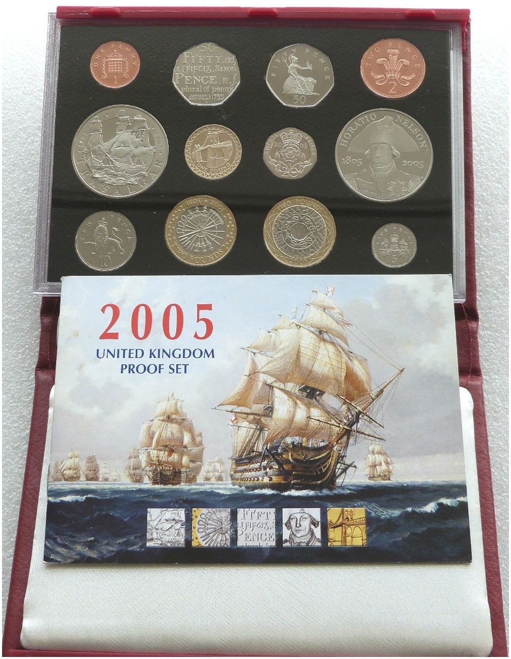 2005 Royal Mint Deluxe Proof 12 Coin Set Red Leather Case Coa