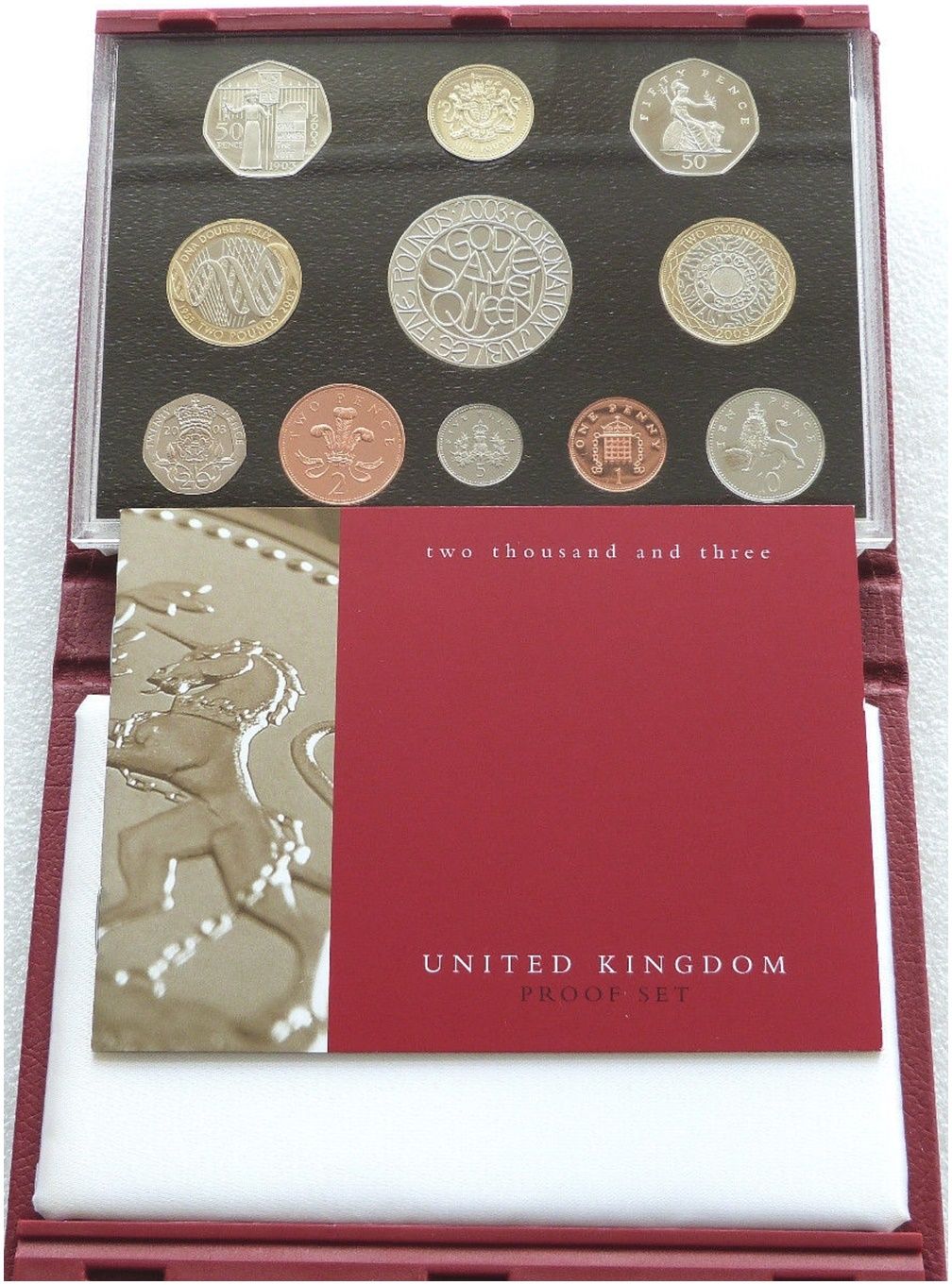 2003 Royal Mint Deluxe Proof 11 Coin Set Red Leather Case Coa