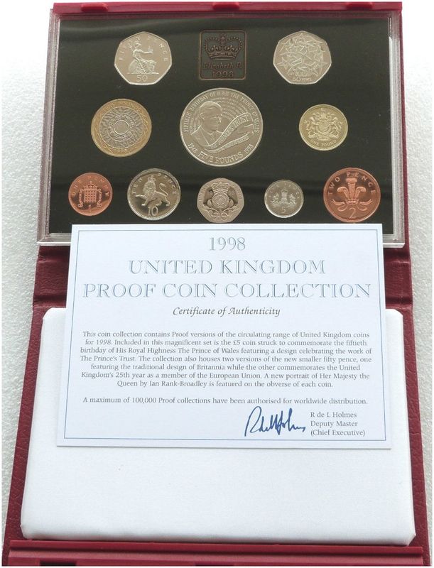1998 Royal Mint Deluxe Proof 10 Coin Set Red Leather Case Coa
