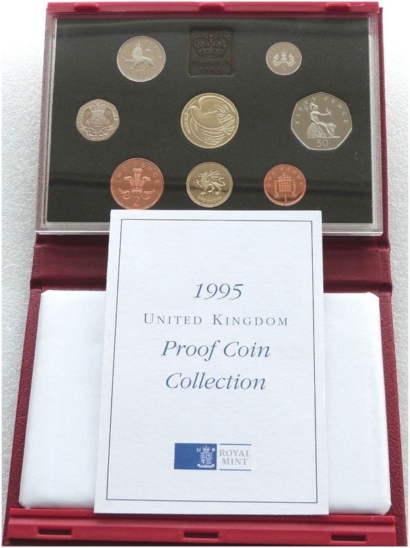 1995 Royal Mint Deluxe Proof 8 Coin Set Red Leather Case Coa