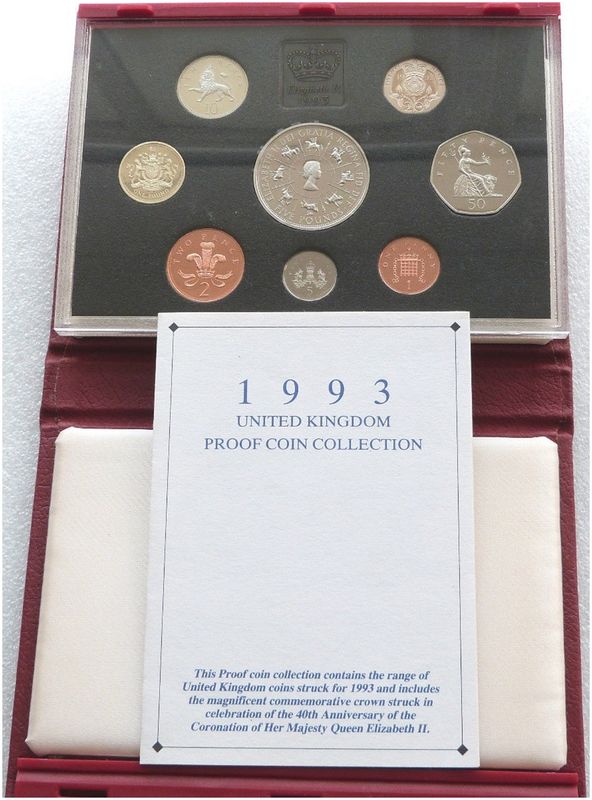 1993 Royal Mint Deluxe Proof 8 Coin Set Red Leather Case Coa