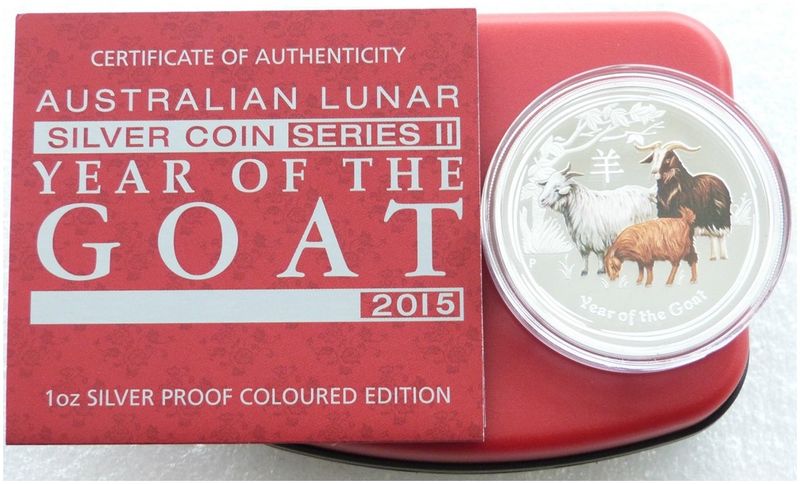 2015-P Australia Lunar Goat Colour $1 Silver Proof 1oz Coin Box Coa
