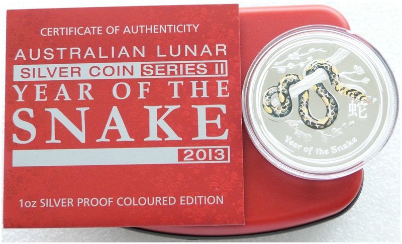 2013-P Australia Lunar Snake Colour $1 Silver Proof 1oz Coin Box Coa