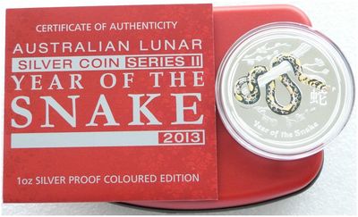 2013-P Australia Lunar Snake Colour $1 Silver Proof 1oz Coin Box Coa