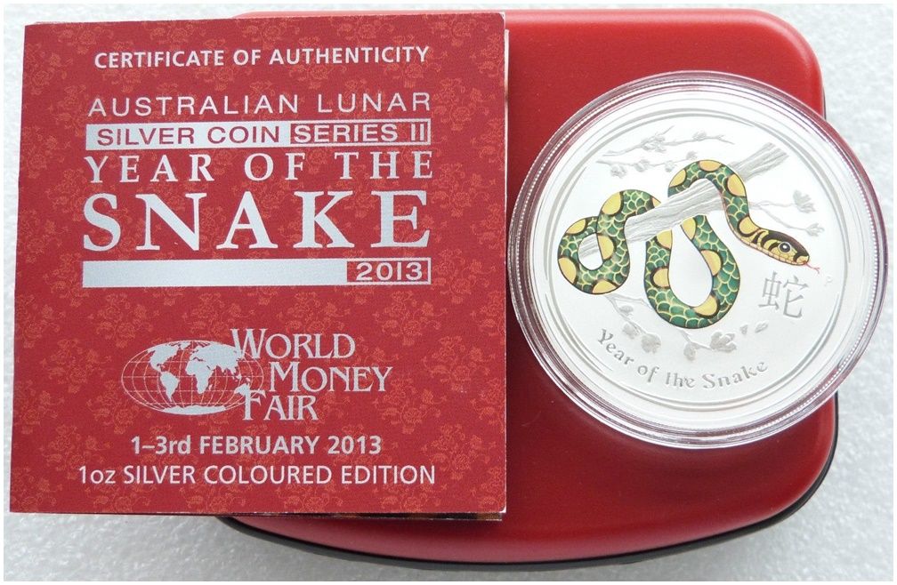 2013-P Australia Lunar Snake Green Berlin World Money Fair $1 Silver 1oz Coin Box Coa
