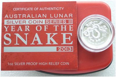 2013-P Australia Lunar Snake High Relief $1 Silver Proof 1oz Coin Box Coa