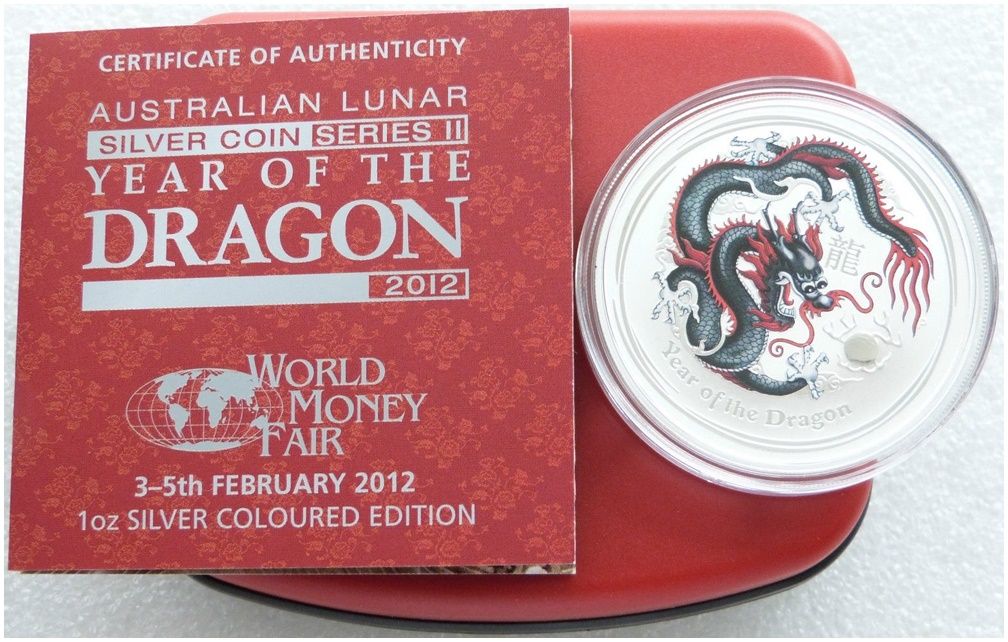 2012-P Australia Lunar Dragon Black Berlin World Money Fair $1 Silver 1oz Coin Box Coa