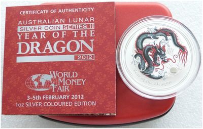 2012-P Australia Lunar Dragon Black Berlin World Money Fair $1 Silver 1oz Coin Box Coa