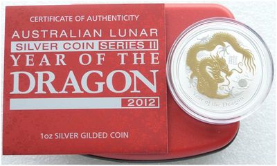 2012-P Australia Lunar Dragon $1 Silver Gold 1oz Coin Box Coa