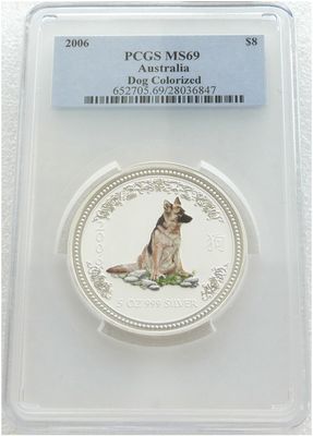2006 Australia Lunar Dog German Shepherd Colour $8 Silver 5oz Coin PCGS MS69