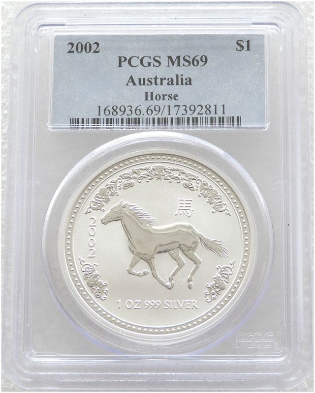 2002 Australia Lunar Horse $1 Silver 1oz Coin PCGS MS69