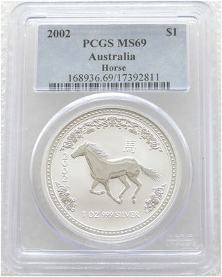 2002 Australia Lunar Horse $1 Silver 1oz Coin PCGS MS69
