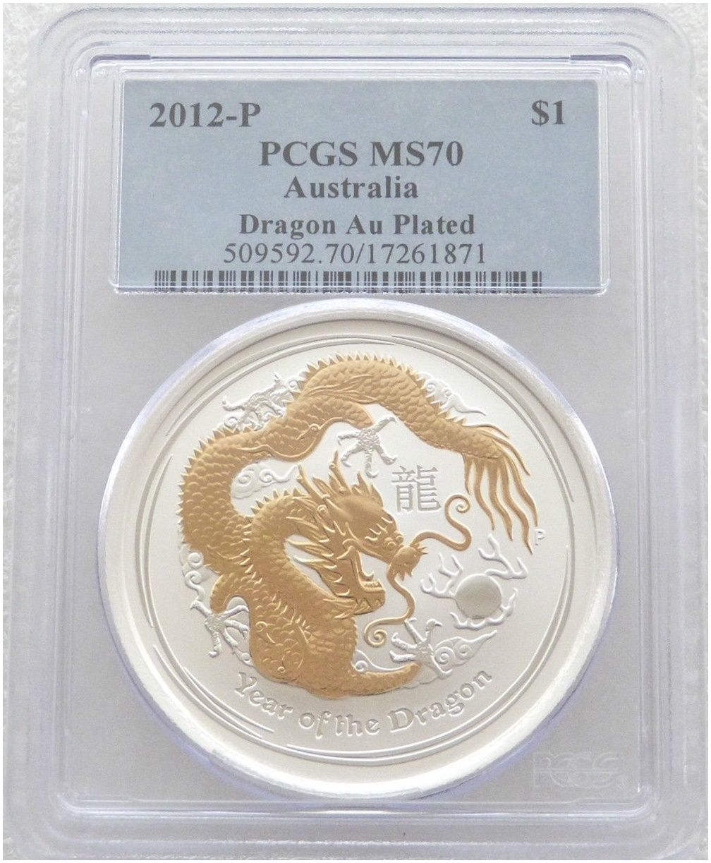 2012-P Australia Lunar Dragon $1 Silver Gold 1oz Coin PCGS MS70