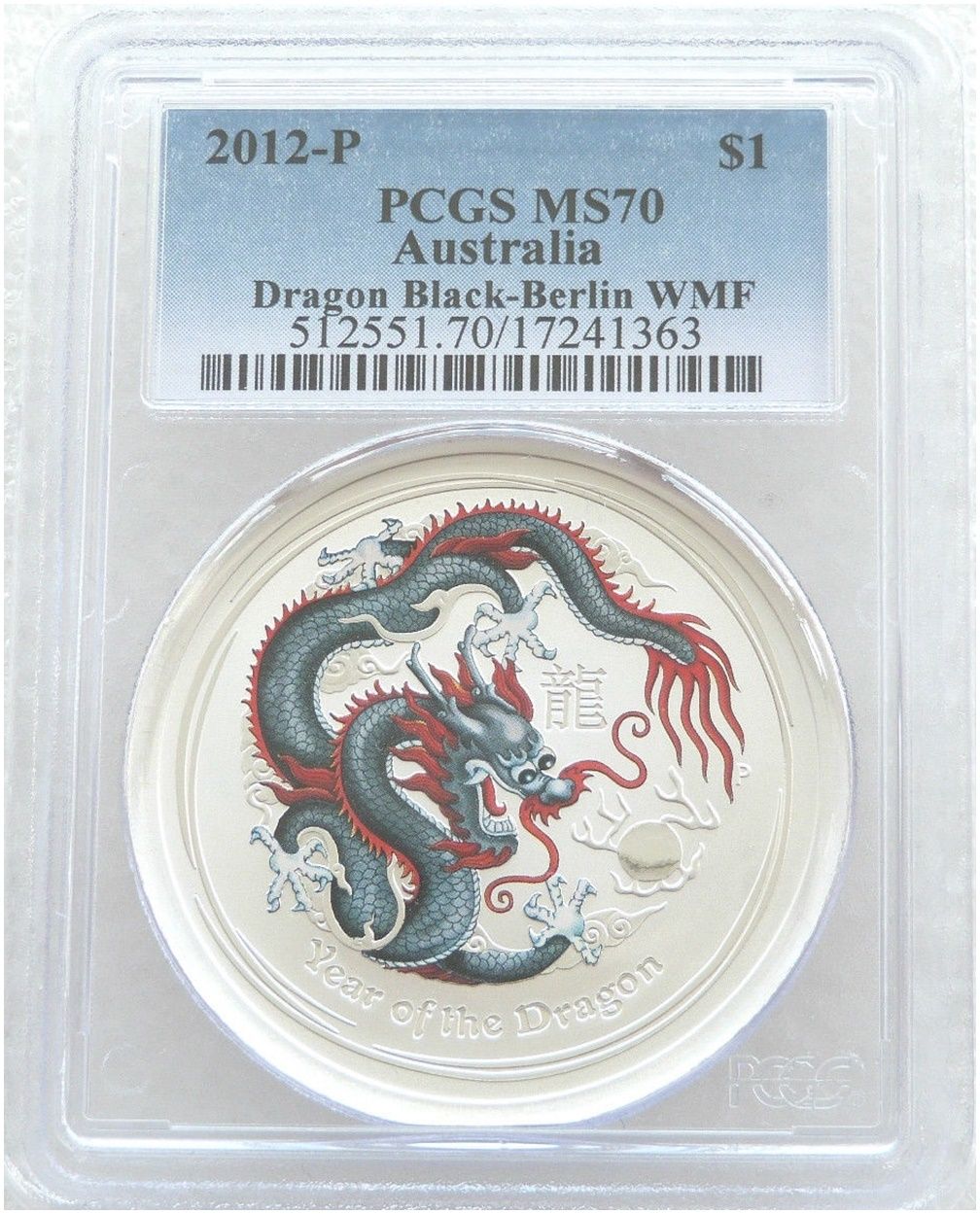 2012-P Australia Lunar Dragon Black Berlin World Money Fair $1 Silver 1oz Coin PCGS MS70