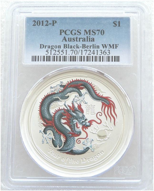 2012-P Australia Lunar Dragon Black Berlin World Money Fair $1 Silver 1oz Coin PCGS MS70