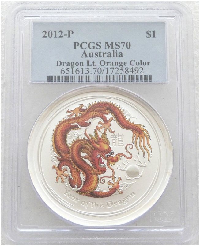 2012-P Australia Lunar Dragon Orange $1 Silver 1oz Coin PCGS MS70