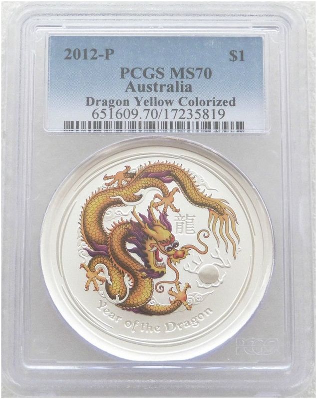 2012-P Australia Lunar Dragon Yellow $1 Silver 1oz Coin PCGS MS70