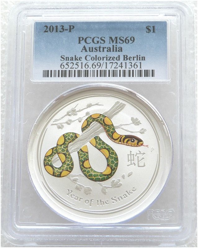2013-P Australia Lunar Snake Green Berlin World Money Fair $1 Silver 1oz Coin PCGS MS69