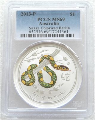 2013-P Australia Lunar Snake Green Berlin World Money Fair $1 Silver 1oz Coin PCGS MS69