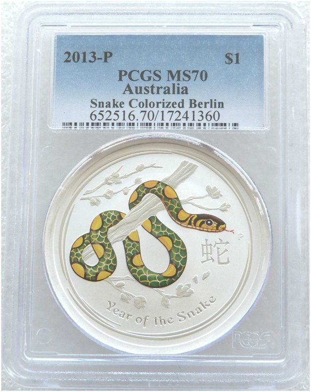 2013-P Australia Lunar Snake Green Berlin World Money Fair $1 Silver 1oz Coin PCGS MS70