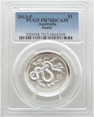 2013-P Australia Lunar Snake High Relief $1 Silver Proof 1oz Coin PCGS PR70