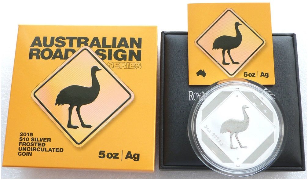 2015 Australia Emu Road Sign $10 Silver 5oz Coin Box Coa