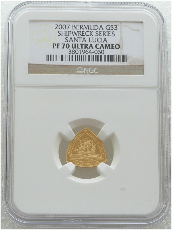2007 Bermuda Santa Lucia Ship $3 Gold Proof 1/20oz Coin NGC PF70