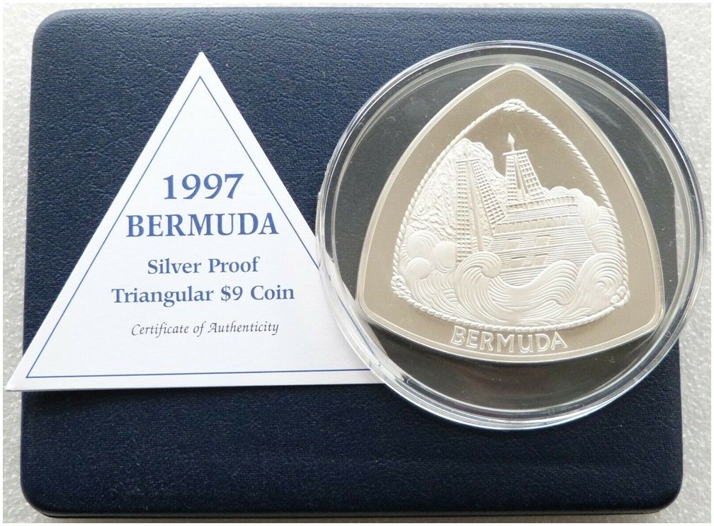 1997 Bermuda Triangular $9 Silver Proof 5oz Coin Box Coa