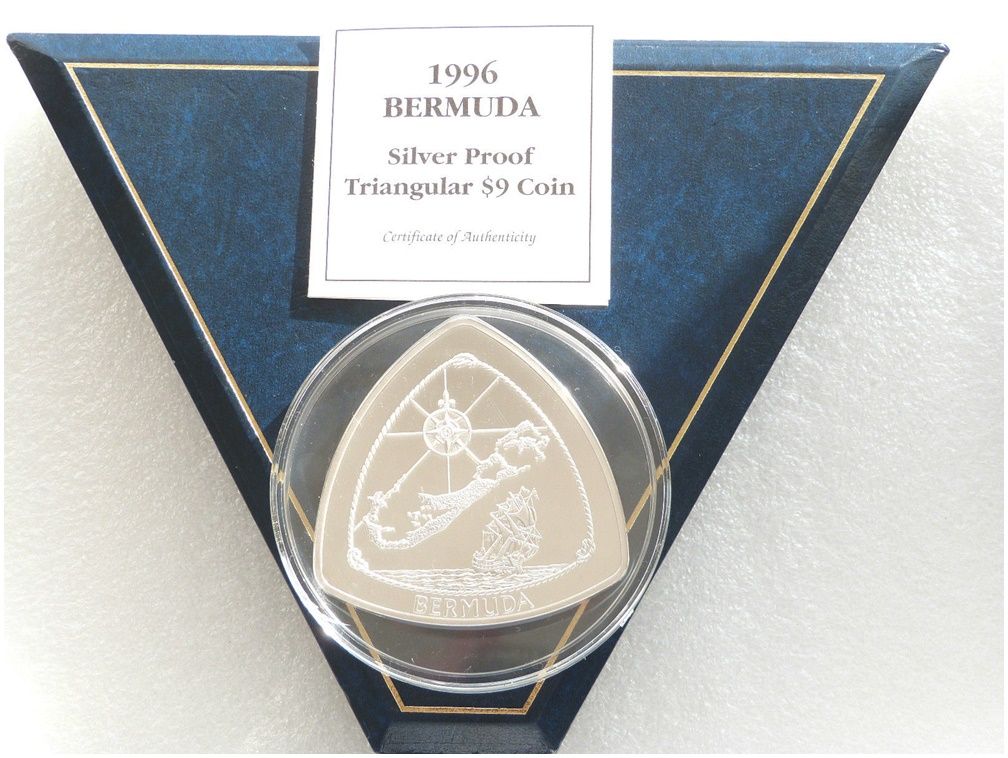 1996 Bermuda Triangular $9 Silver Proof 5oz Coin Box Coa