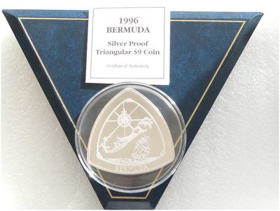 1996 Bermuda Triangular $9 Silver Proof 5oz Coin Box Coa