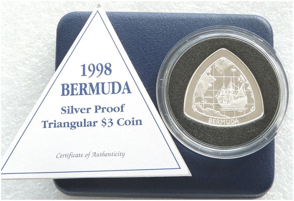 1998 Bermuda Triangular $3 Silver Proof Coin Box Coa