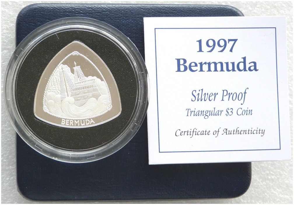 1997 Bermuda Triangular $3 Silver Proof Coin Box Coa