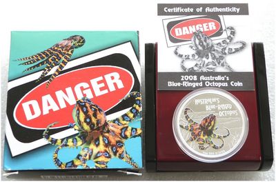 2008 Tuvalu Deadly and Dangerous Blue Ringed Octopus $1 Silver Proof 1oz Coin Box Coa
