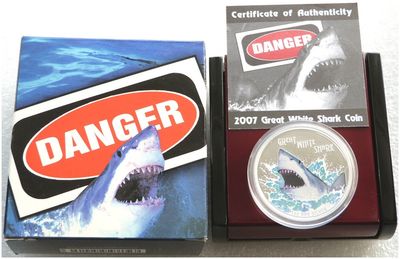2007 Tuvalu Deadly and Dangerous Great White Shark $1 Silver Proof 1oz Coin Box Coa