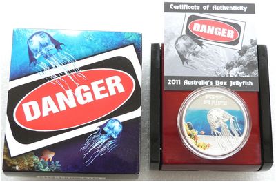 2011 Tuvalu Deadly and Dangerous Box Jellyfish $1 Silver Proof 1oz Coin Box Coa