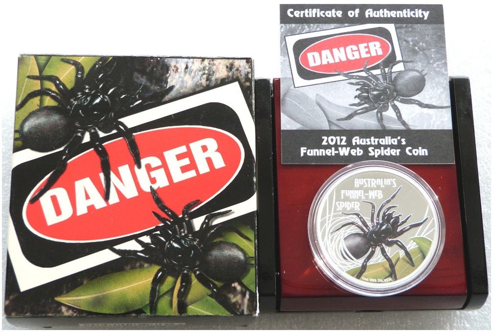 2012 Tuvalu Deadly and Dangerous Funnel Web Spider $1 Silver Proof 1oz Coin Box Coa