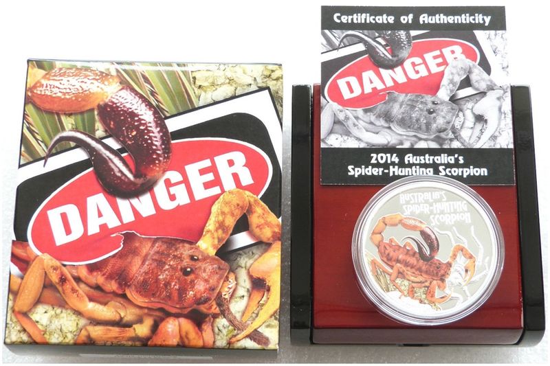 2014 Tuvalu Deadly and Dangerous Spider Hunting Scorpion $1 Silver Proof 1oz Coin Box Coa