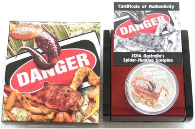 2014 Tuvalu Deadly and Dangerous Spider Hunting Scorpion $1 Silver Proof 1oz Coin Box Coa