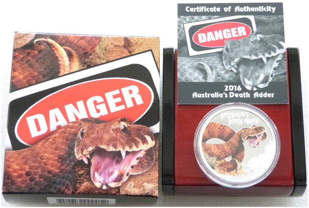 2016 Tuvalu Deadly and Dangerous Death Adder $1 Silver Proof 1oz Coin Box Coa
