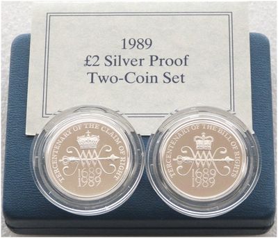 1989 Bill and Claim of Rights £2 Silver Proof 2 Coin Set Box Coa