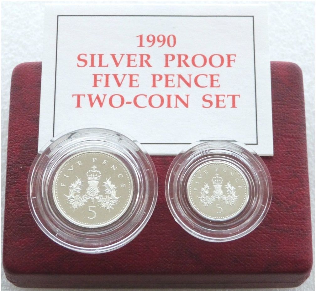 1990 Scottish Thistle 5p Silver Proof 2 Coin Set Box Coa