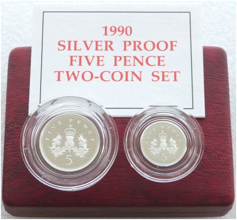 1990 Scottish Thistle 5p Silver Proof 2 Coin Set Box Coa
