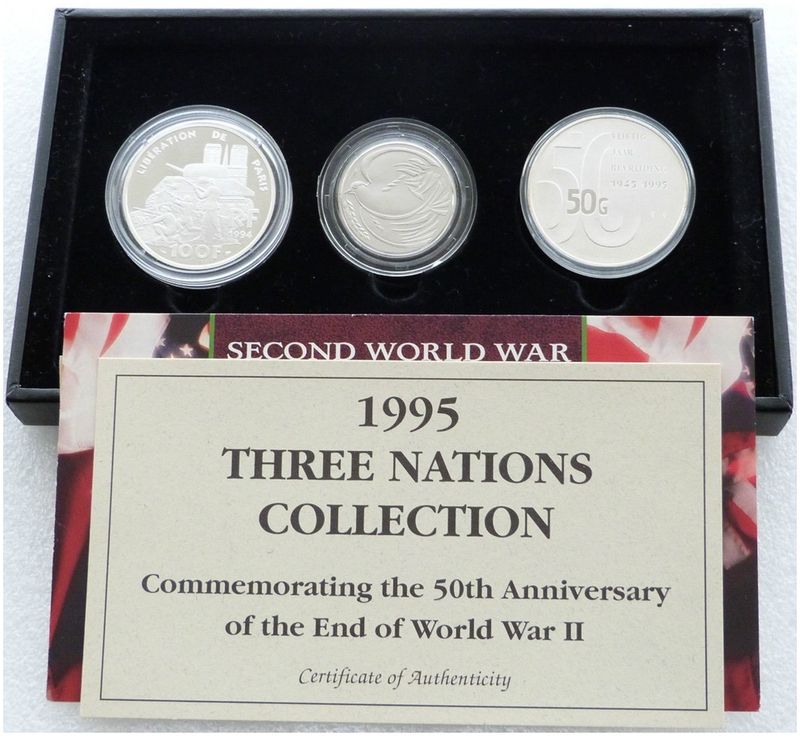 1995 Second World War Three Nations Silver Proof 3 Coin Set Box Coa