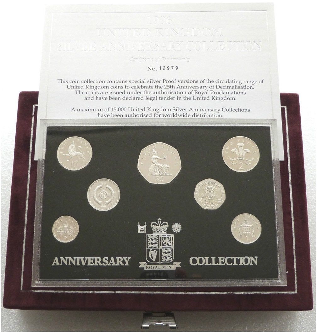 1996 United Kingdom 25th Anniversary of Decimalisation Silver Proof 7 Coin Set Box Coa