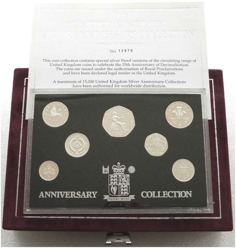 1996 United Kingdom 25th Anniversary of Decimalisation Silver Proof 7 Coin Set Box Coa